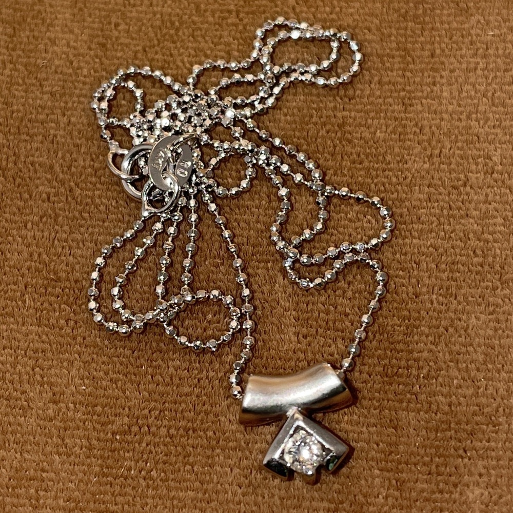 Vintage Solid White Gold 18K Natural Diamond Solitaire Pendant 14K Bead Necklace